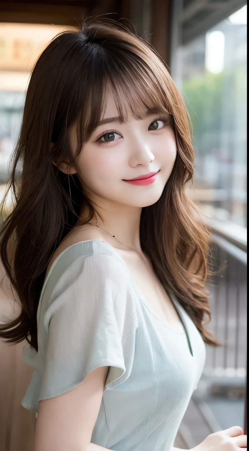 Tabletop, Highest quality, figure, Very detailed, In detail, High resolution, 8k wallpaper, Perfect dynamic composition, Beautiful attention to detail, Summer dresses in light colors,Long Hair, Natural color lip, Bold sexy pose,smile,Harajuku、20-year-old girl、Cute Face、sexy shot looking at camera