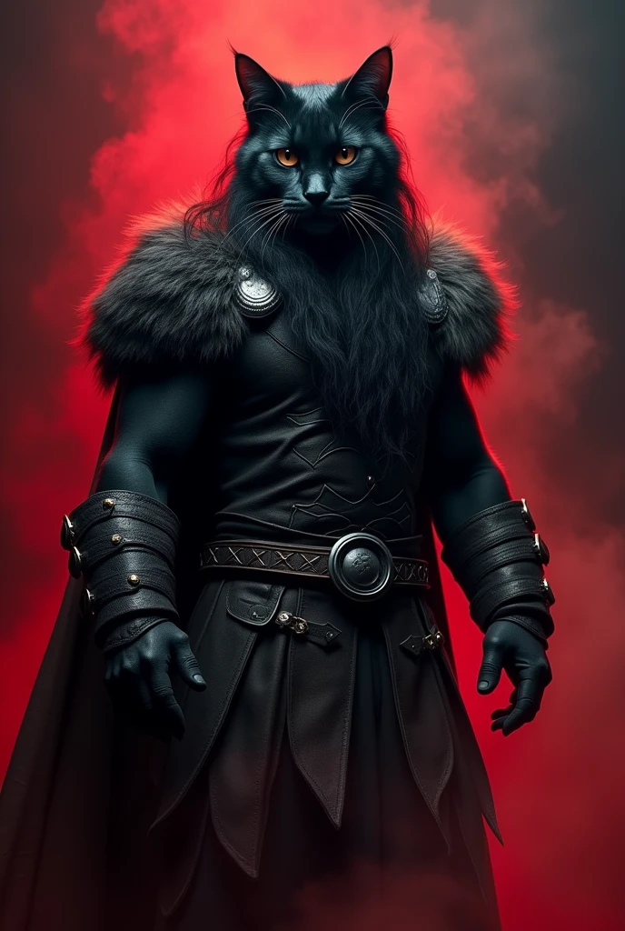 Chat noir à poils longs viking sur fond rouge et noir gothique avec effet de fumée