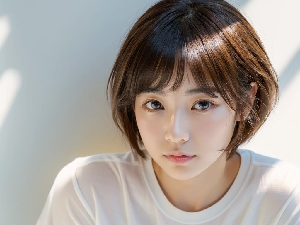 ultra high res, RAW photo, 1 Japanese cute women in her 20s photos, upper body, Take a photo from the front, Portrait, surface focus, (light blush), white T-shirt, bright natural light shines softly on the white wall background, photon mapping, Physically based rendering, fluffy short hair, blunt bangs, ash beige hair color, Handsome, girly, slightly baby face, (Looks like Naenano's face:1.3), a slight distance between her eyes and eyebrows for an ennui look, Rich details