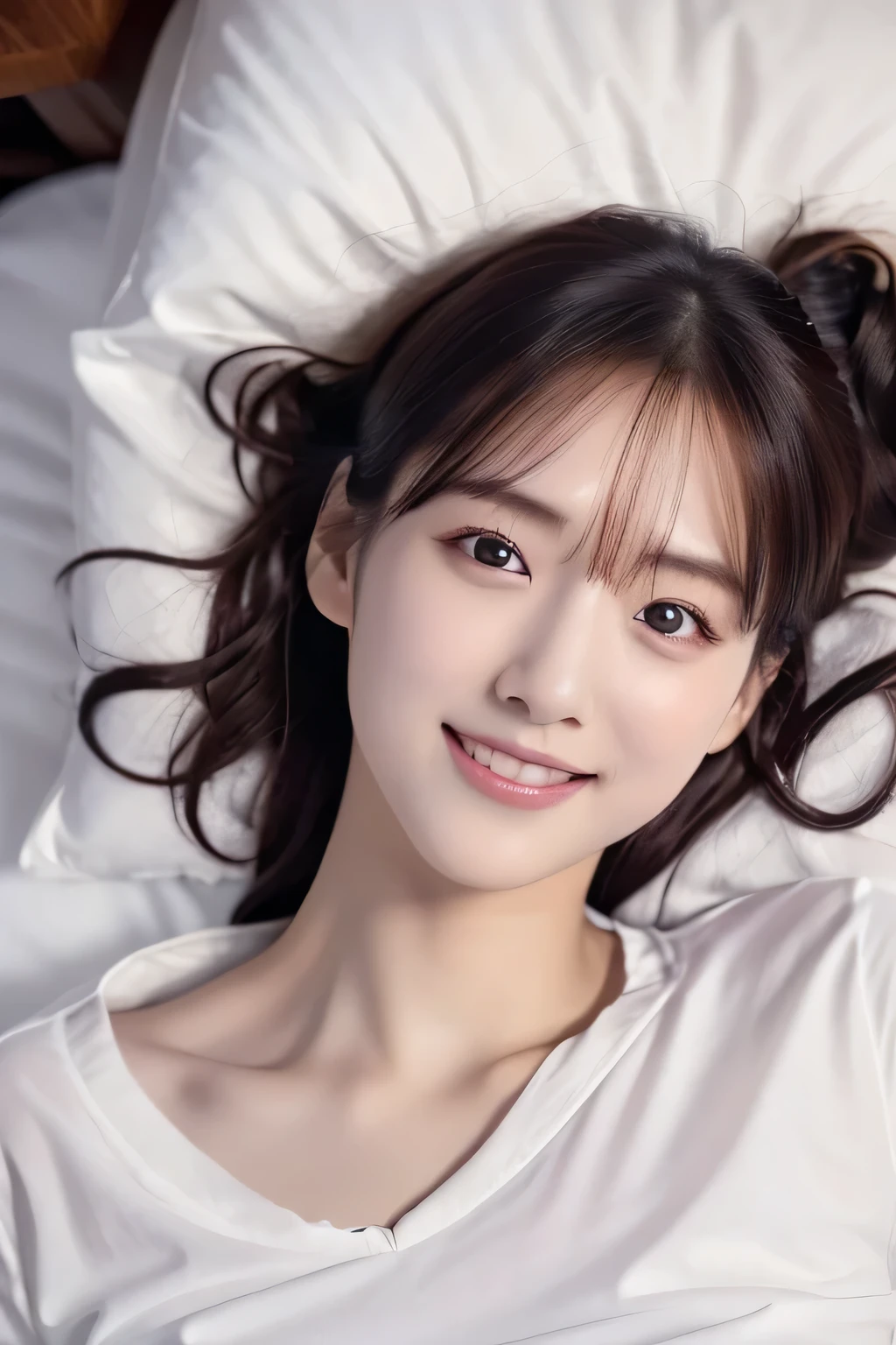 Beautiful girl lying on bed, , (Highest quality:1.4), (Very detailed), (Very detailed美しい顔), (Sleepy eyes:1.5), White T-shirt, Great face and eyes, iris, Medium Hair, The Beauty of Japan, (Skinny body type:1.3), (Flat Chest:1.3), (smile), Smooth, Very detailed CG synthesis 8k wallpaper, High-resolution RAW color photos, Professional photography, Light, BackLight, dream-like, impressive, Written boundary depth, Bedroom, (Face close-up:1.3), (Shot from above:1.5)