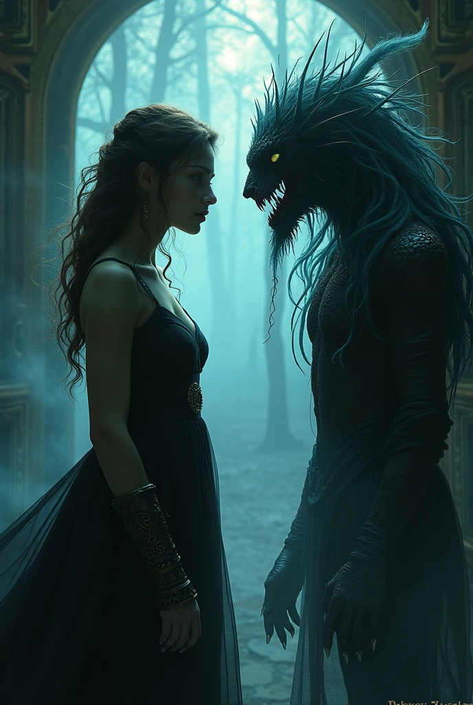 Elara, a young woman with a curious and fearless look, discover your magical powers, establishing a connection with an ancient and dark entity. In an environment shrouded in mystery and shadows, she summons this creature, stunning and disturbing, who presents himself as both an ally and an adversary. The contrast between their dark beauties and Elara's inner light creates a palpable tension.. As you delve deeper into this new reality, an unexpected passion arises for this charming man, molded of obscurity. The scene captures the moment their eyes meet - a vulnerable and intense moment of confusion and desire., reflecting Elara's struggle between embracing her power and unexpected love for a beautiful and alluring Shadow creature.