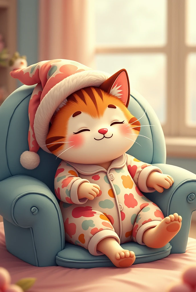 Create an animated illustration of a cat in pajamas sleeping with his hat on, like to make a print, with a variety of colors in their clothes