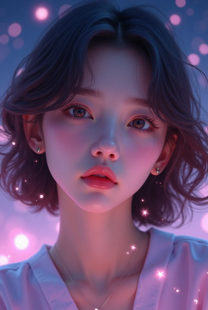 A portrait shot of A realistic young woman with korean features. with short, wavy hair colored light brown. Energetic expression. The background is pastel purple/ dark blue with stars