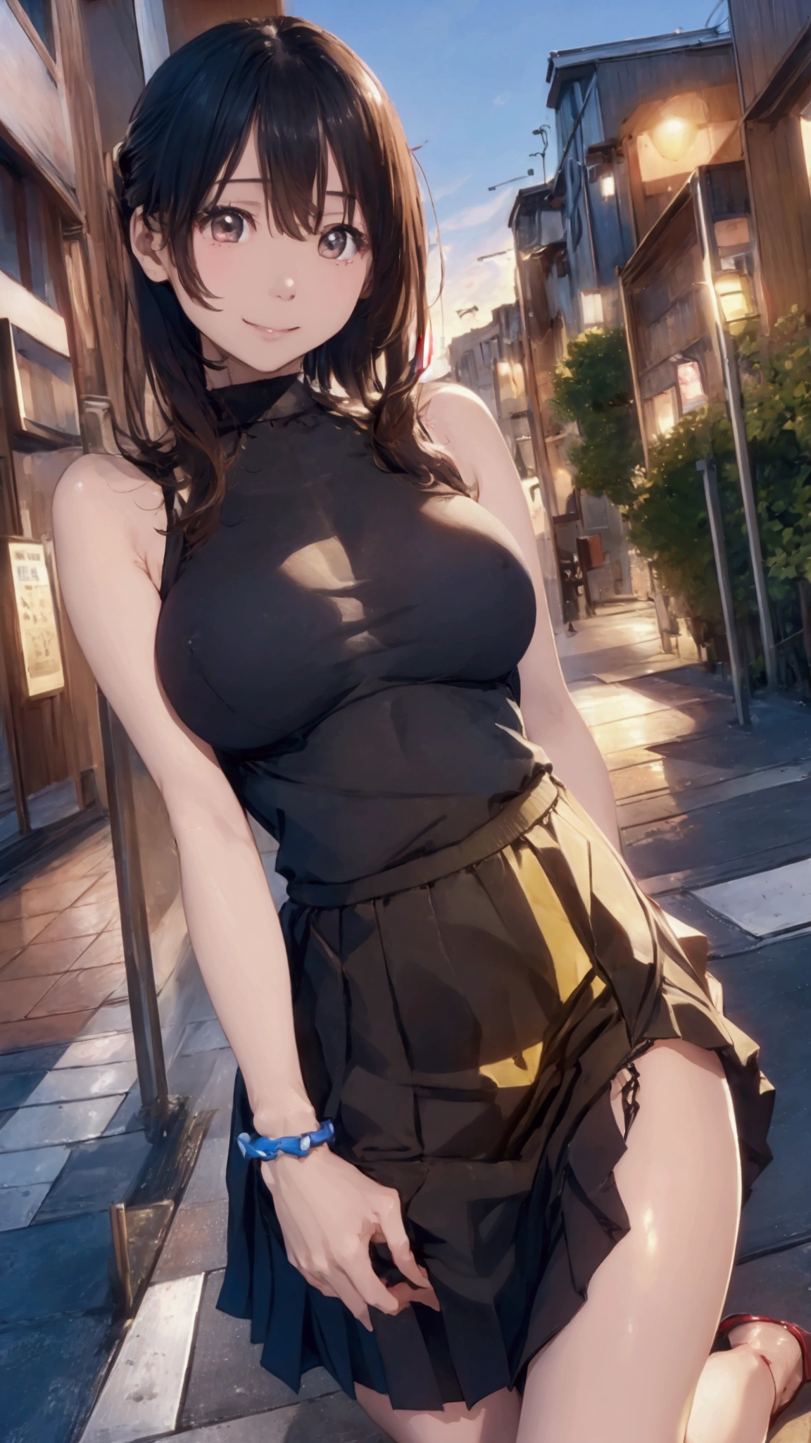 8k, Highest quality, masterpiece, Realistic, Very detailed, photo Realistic, Improvement of quality, Hmph:1.2,City park in the evening、on the asphalt、32K、Best image quality、Ochre sleeveless knit dress、Cheap feeling、Very good、panties、Bodyline:1.3 is clear、、((Browsing Caution:1,.))、smile、（Bob Hair）、Medium body:1.3、Ample breasts:1.3、height: 157cm，Japanese people of unparalleled beauty、Beautiful Face、High heels、Bracelet in right hand、((Aya Ueto:1.3))、((Pulling on panties)),((Skirt flip,No pants))、