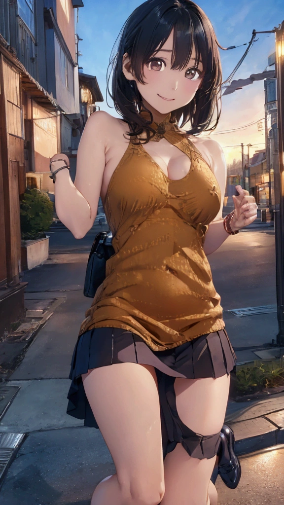 8k, Highest quality, masterpiece, Realistic, Very detailed, photo Realistic, Improvement of quality, Hmph:1.2,City park in the evening、on the asphalt、32K、Best image quality、Ochre sleeveless knit dress、Cheap feeling、Very good、panties、Bodyline:1.3 is clear、、((Browsing Caution:1,.))、smile、(Bob Hair)、Medium body:1.3、Ample breasts:1.3、height: 157cm,Japanese people of unparalleled beauty、Beautiful Face、High heels、Bracelet in right hand、((Aya Ueto:1.3))、((Pulling on panties)),((Skirt flip,No pants))、