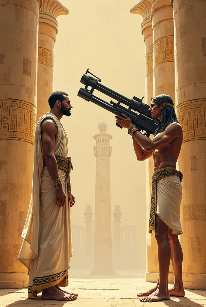 
ancientegypt, old egyptian drawing of a man seeing a BIG gun like weapon,  ancient, 2d, perfect composition, masterpiece