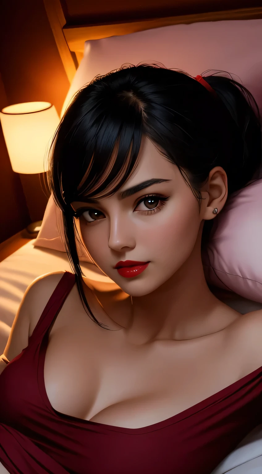 Amazing portrait of a woman who is 30 years old and an adult and a cute woman with her black hair in two medium ponytails having sexy eyes in an intense eye contact and a small nose with red lips having an orgasmic face showcasing her neck and collarbone in a loose dark pink t shirt emphasizing her bare shoulder as she's lying on bed with her head on pillow facing up in her bedroom which is a dark room with one lamp during night time with soft lighting showcasing her red lips and her beautiful face in detail and close up 