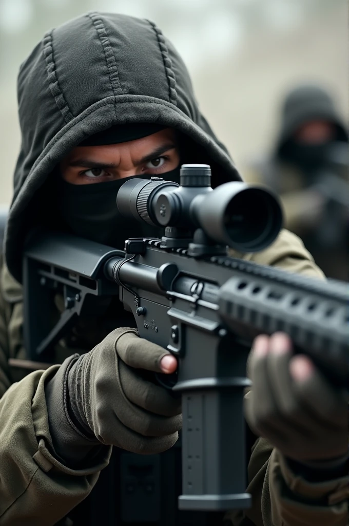 2 masked soldiers shooting with a sniper rifle
