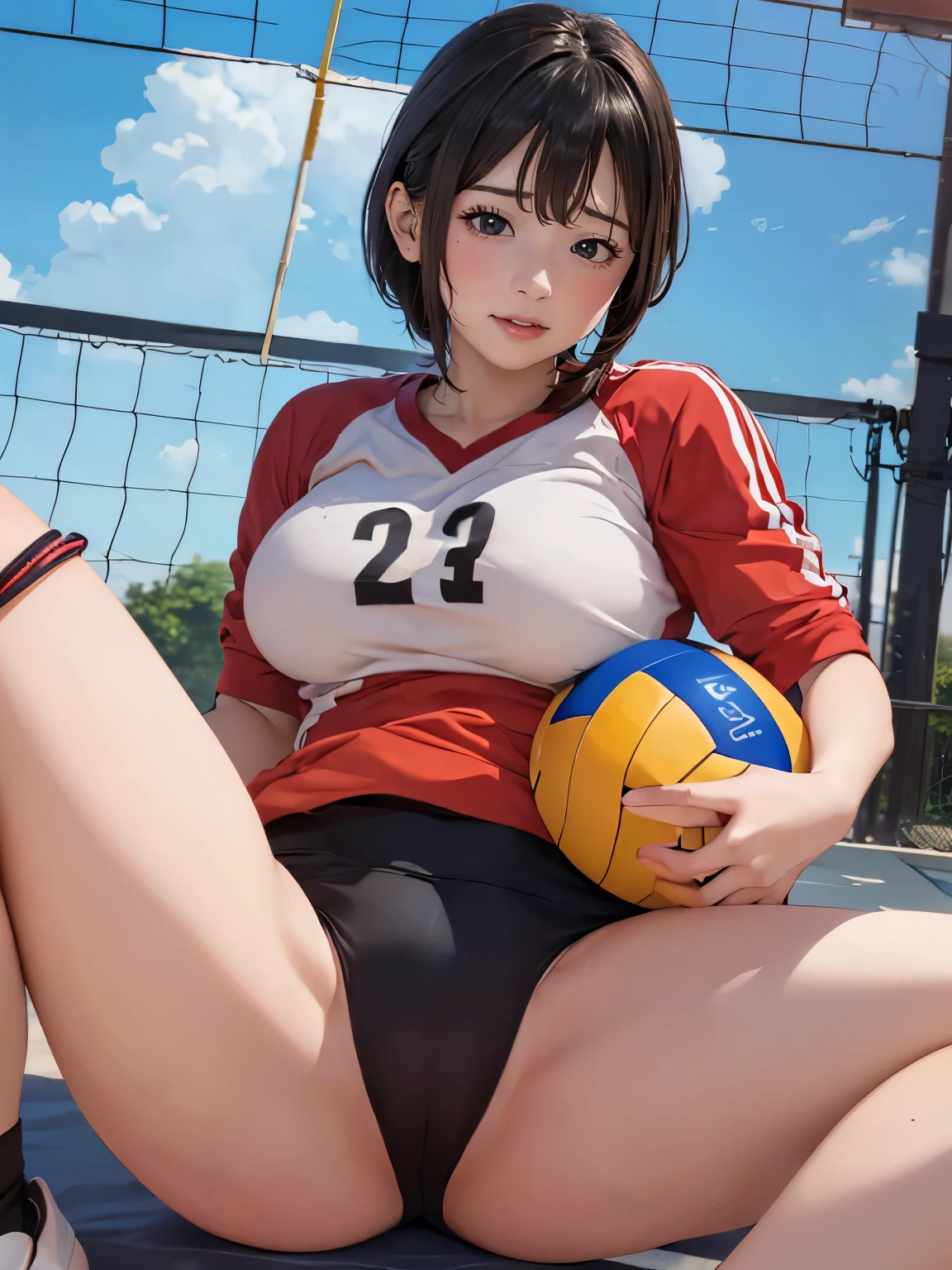 (depicting a single moment from anime for adults), (((shin-volleyball-wear, large areolas), round face, eyes with realistic sizing, drooping eyes, blush, shame smile, spread legs, show off her pubic shape from over uniform)), self pleasure, ecstasy, around view, short hair))),