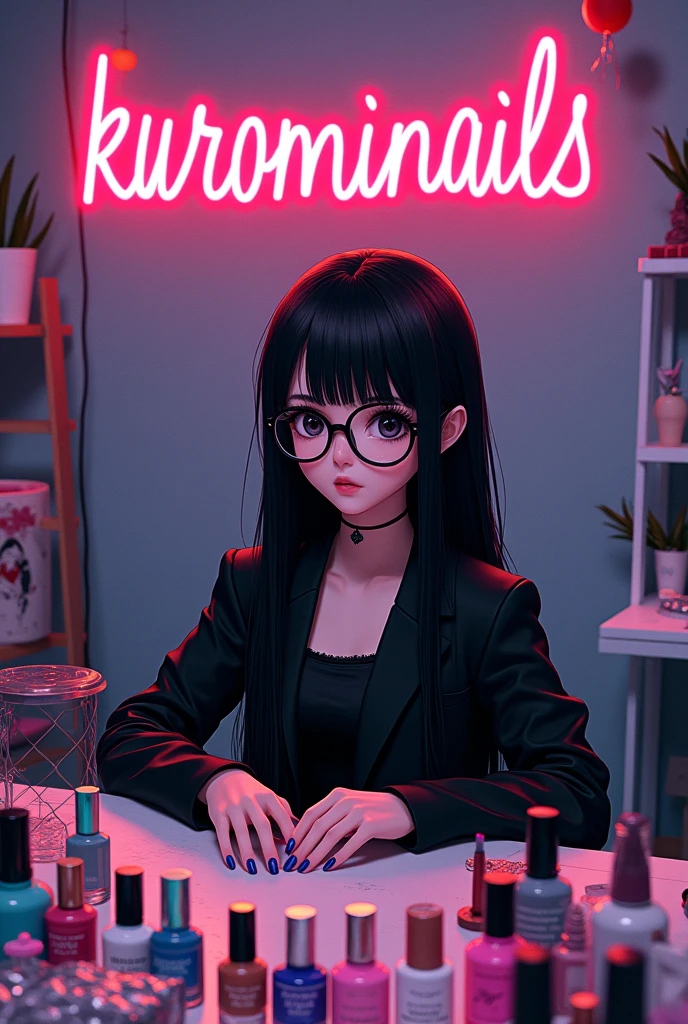 piss cover, very long straight black hair, big black eyes, long eyelashes, with glasses, king, with neon letters that say kurominails, manicurist dressed in black, on a table with many enamels, anime