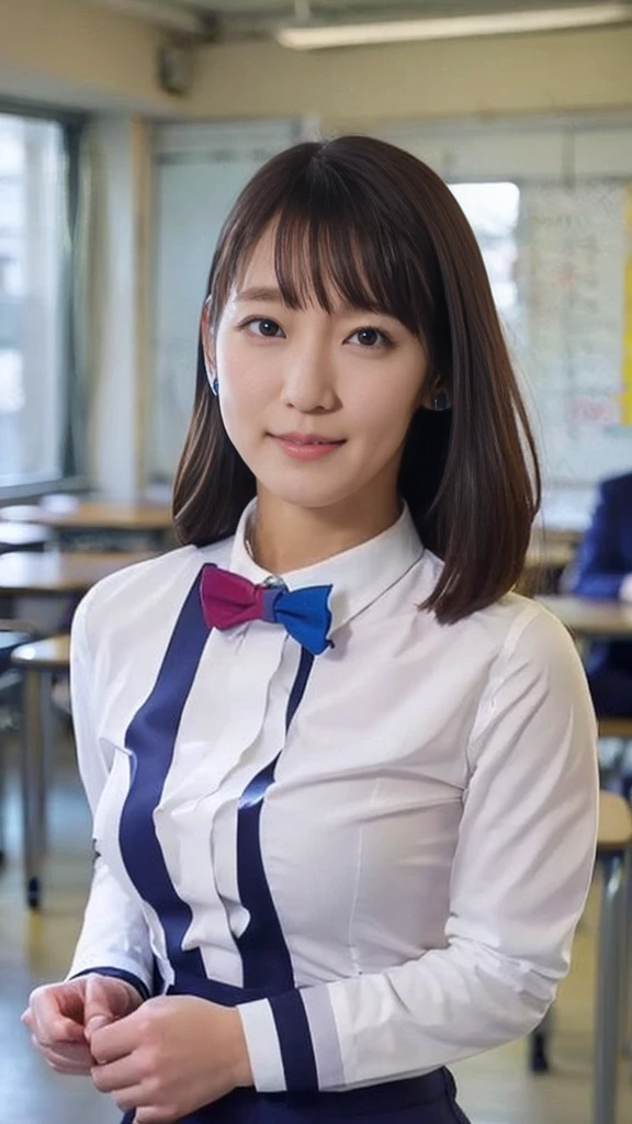 1 female、beauty,Beautiful Face,smile、,(Tight clothing、Accentuates body lines:1.5) 、(School teacher clothes:1.5),A dignified appearance,Crouch down and observe the audience、(Plump Style),((Large Breasts)),(Saggy breasts:1.5)、Front view,Focus on the chest、Ultra-realistic,Ultra-high resolution,Highest quality,8k,masterpiece,The cutest Yoshioka Riho、Filmed in a school classroom