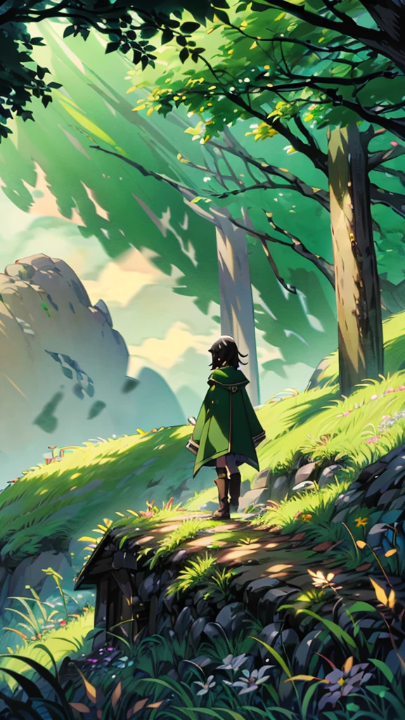 yuichiro hyakuya girl, (WithoutFear:1), 1 girl, black hair, green eyes, brown coat, gray armor, elves, sylvan, green shield, green cloak, dark brown gloves, forest, white fur trim, anime, standing, good quality, portrait, looking at viewer