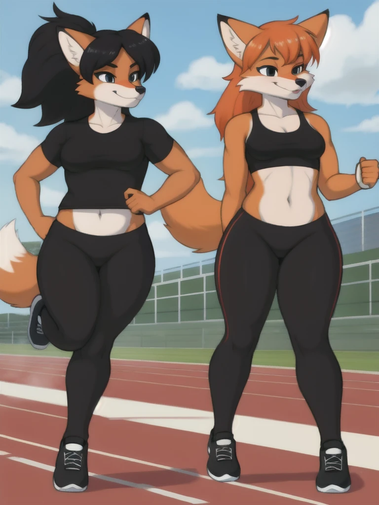Furry, fox, female, black shirt, black leggings, shoes, running track, friends, full body