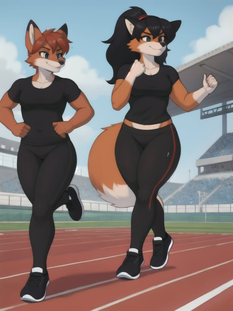 Furry, fox, female, black shirt, black leggings, shoes, running track, friends, full body