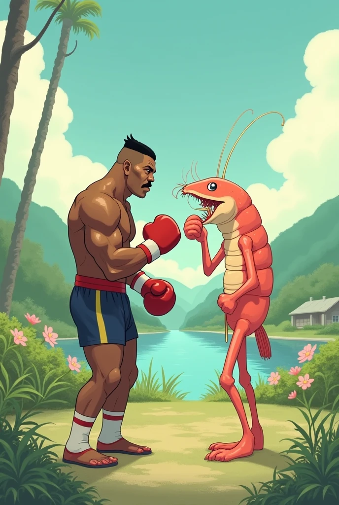 Mike Tyson being punching by a shrimp ghibli animation