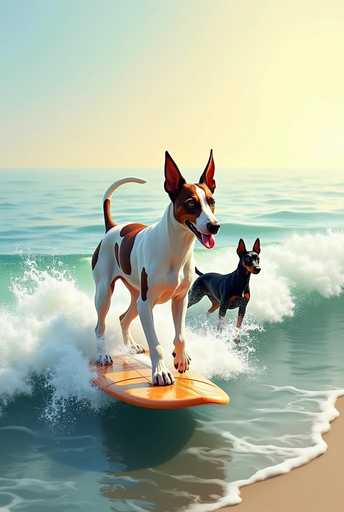 A realistic drawing of a white doberman with brown spots surfing next to a black small pincher