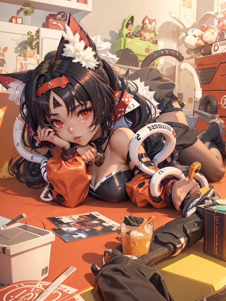 {1 Anime girl with mischievous red eyes and dark hair styled with fluffy twin tails, accented with red and white hair ornaments shaped like cat ears:0.9}, {She's lounging in a playful and relaxed pose, wearing a futuristic maid outfit in shades of red and gray, adorned with circular patterns and utility belts, a perfect blend of traditional and cyber elements:0.8}, [The setting is a cozy, cluttered room filled with various modern gadgets and anime memorabilia, giving off an otaku's paradise vibe. A robotic neon green bunny toy and an assortment of snacks and magazines scatter the table, creating a lively and personalized environment:0.7, {Artwork is rendered in a crisp, modern anime style with a high level of detail, especially in the textures of her outfit and the assortment of items around her, reflecting a vibrant, lived-in scene:0.9}, {The color scheme is warm with a dominance of red and orange, complemented by the soft lighting that highlights her playful expression and the intricate details of her costume and surroundings, enhancing the inviting and fun atmosphere of the artwork:0.8}