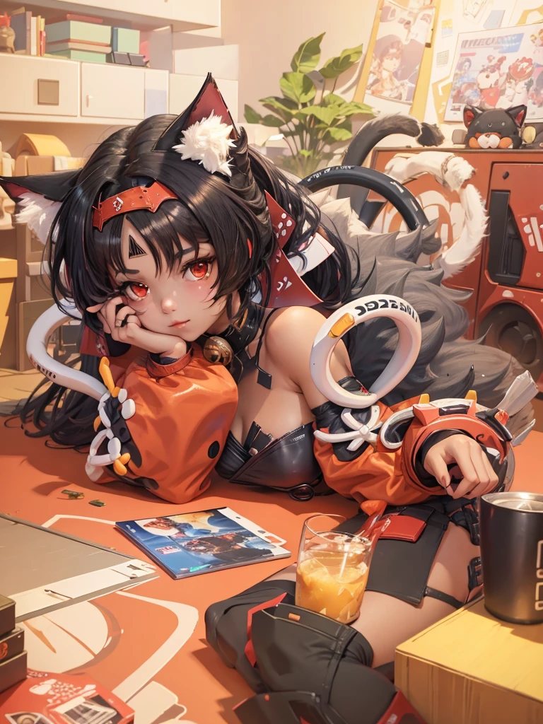 {1 Anime girl with mischievous red eyes and dark hair styled with fluffy twin tails, accented with red and white hair ornaments shaped like cat ears:0.9}, {She's lounging in a playful and relaxed pose, wearing a futuristic maid outfit in shades of red and gray, adorned with circular patterns and utility belts, a perfect blend of traditional and cyber elements:0.8}, [The setting is a cozy, cluttered room filled with various modern gadgets and anime memorabilia, giving off an otaku's paradise vibe. A robotic neon green bunny toy and an assortment of snacks and magazines scatter the table, creating a lively and personalized environment:0.7, {Artwork is rendered in a crisp, modern anime style with a high level of detail, especially in the textures of her outfit and the assortment of items around her, reflecting a vibrant, lived-in scene:0.9}, {The color scheme is warm with a dominance of red and orange, complemented by the soft lighting that highlights her playful expression and the intricate details of her costume and surroundings, enhancing the inviting and fun atmosphere of the artwork:0.8}