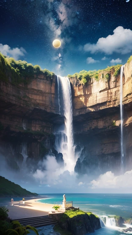 Fantasy、Different world、starry skies、Three moons、shooting star、milky way、colorful clouds、Different world、The ocean spreads out、Big waterfall、A waterfall flows from a floating island in the sky、Stairway to heaven、、Vast views、Wide-angle lens、View from an airplane、Realistic Blurred Background 4K Full HD 60 FPS、Realistic Lighting