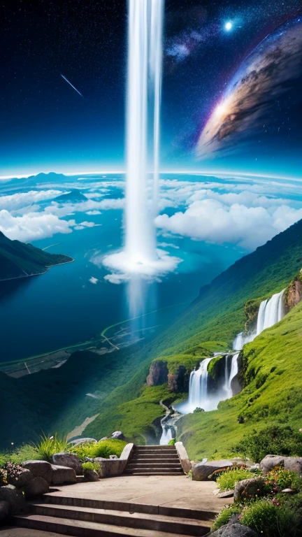 Fantasy、Different world、starry skies、Three moons、shooting star、milky way、colorful clouds、Different world、The ocean spreads out、Big waterfall、A waterfall flows from a floating island in the sky、Stairway to heaven、、Vast views、Wide-angle lens、View from an airplane、Realistic Blurred Background 4K Full HD 60 FPS、Realistic Lighting