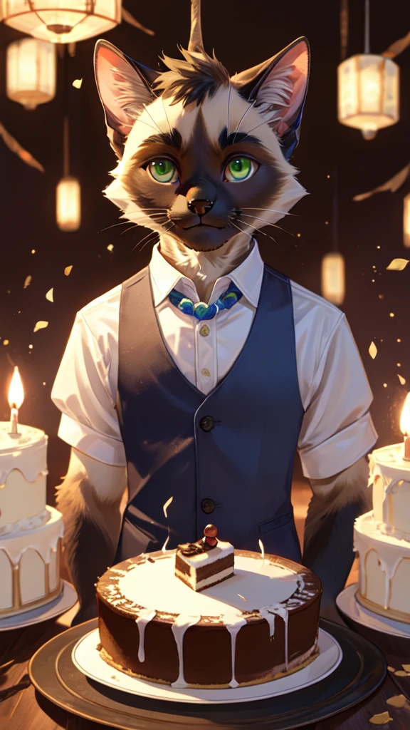 a siamese cat, furry male, green eyes, small green claws, short white fur, wearing simple clothes with a prism splash, smiling at the camera while holding a small, delicately decorated delicious cake