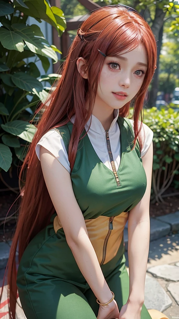 1girl, uzumaki kushina in anime naruto, long hair, red hair, brown eyes, smile, beautiful, green clothes, realistic clothes, detail clothes, outdoor background, ultra detail, realistic