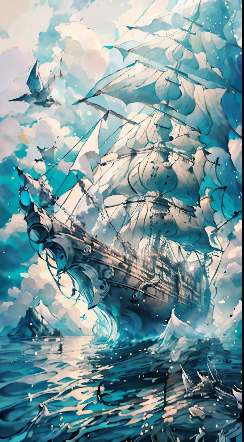 Glass bottle，Sea Island，steamboat，pirate，flag，seabird，cloud，Light，another