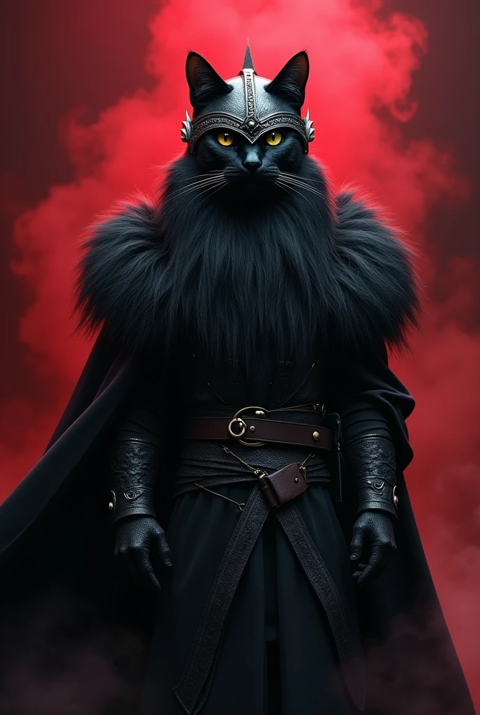 Chat noir à poils longs viking sur fond rouge et noir gothique avec effet de fumée 
