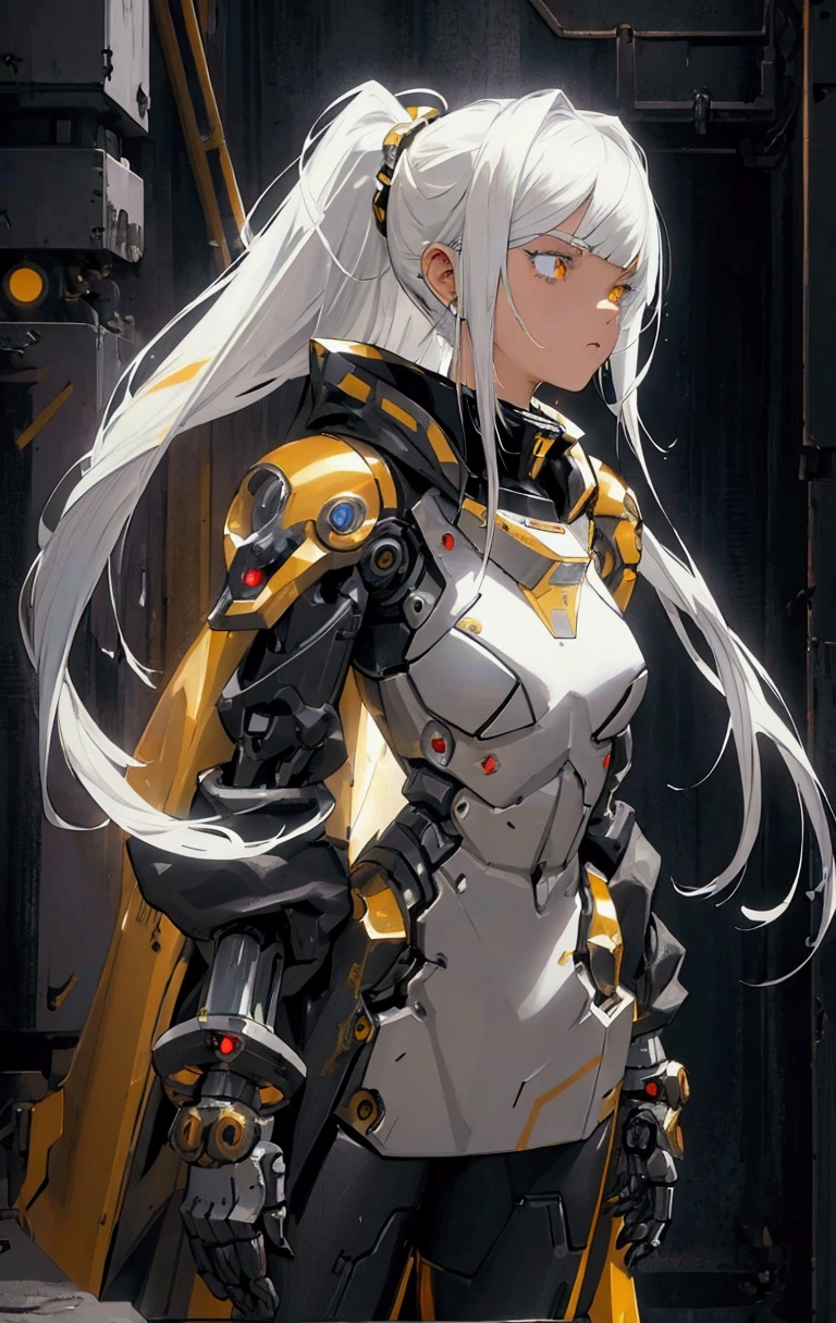 character profile, robotic, tall girl, android girl, mechanical limbs, mismatched iris, full body, gritty sci fi, mechanical body, asymmetrical arms, mecha ears, concept art, angular breastplate, mecha gauntlet, golden eyes, black clothing, yellow armor highlights, high collar jacket, serious, bangs, long side bangs, medium length bob haircut, asymmetrical hair, white hair, glowing eyes, determined, masterpiece, super detail, accurate, anatomically correct, solo focus