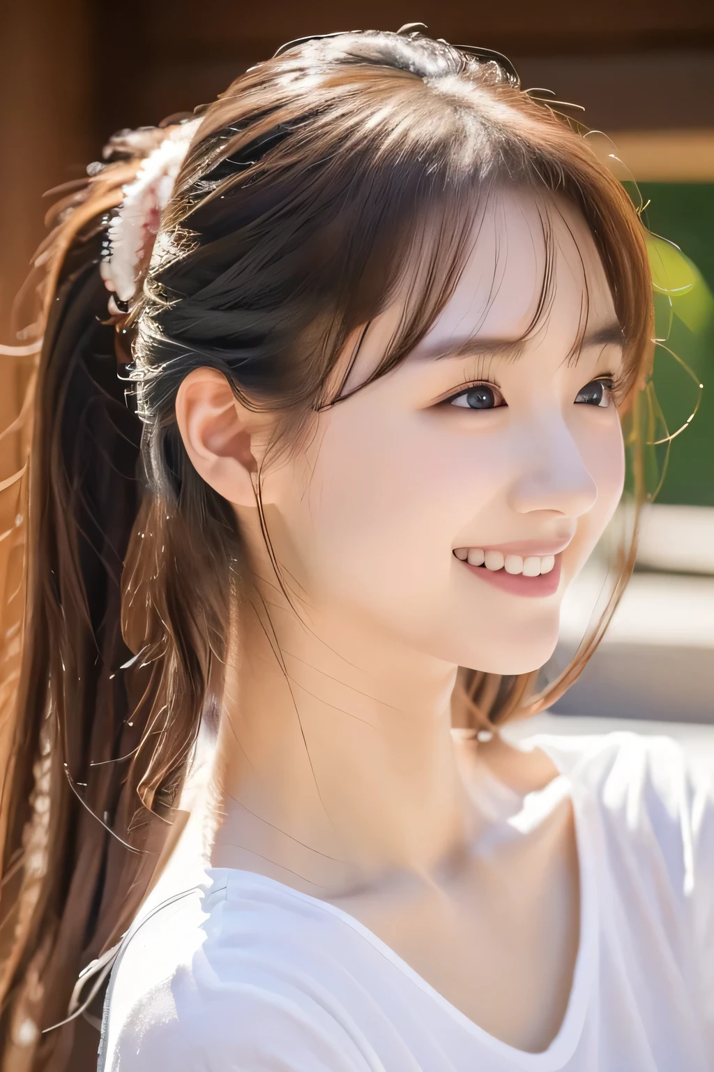 Beautiful girl washing her face, 14 years old, (Highest quality:1.4), (Very detailed), (Very detailed美しい顔), sit, avert your eyes, smile, White T-shirt, Great face and eyes, iris, Medium Hair, The Beauty of Japan, (Skinny body type:1.3), (Flat Chest:1.3), Smooth, Very detailed CG synthesis 8k wallpaper, High-resolution RAW color photos, Professional photography, Light, BackLight, dream-like, impressive, Written boundary depth, Washroom, (Shooting from the side:1.3)