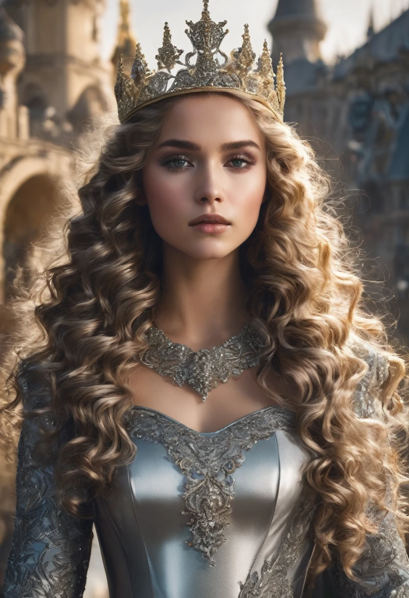 Curly dark blond hair, gold eyes, silver princess with a silver dress and silver crown