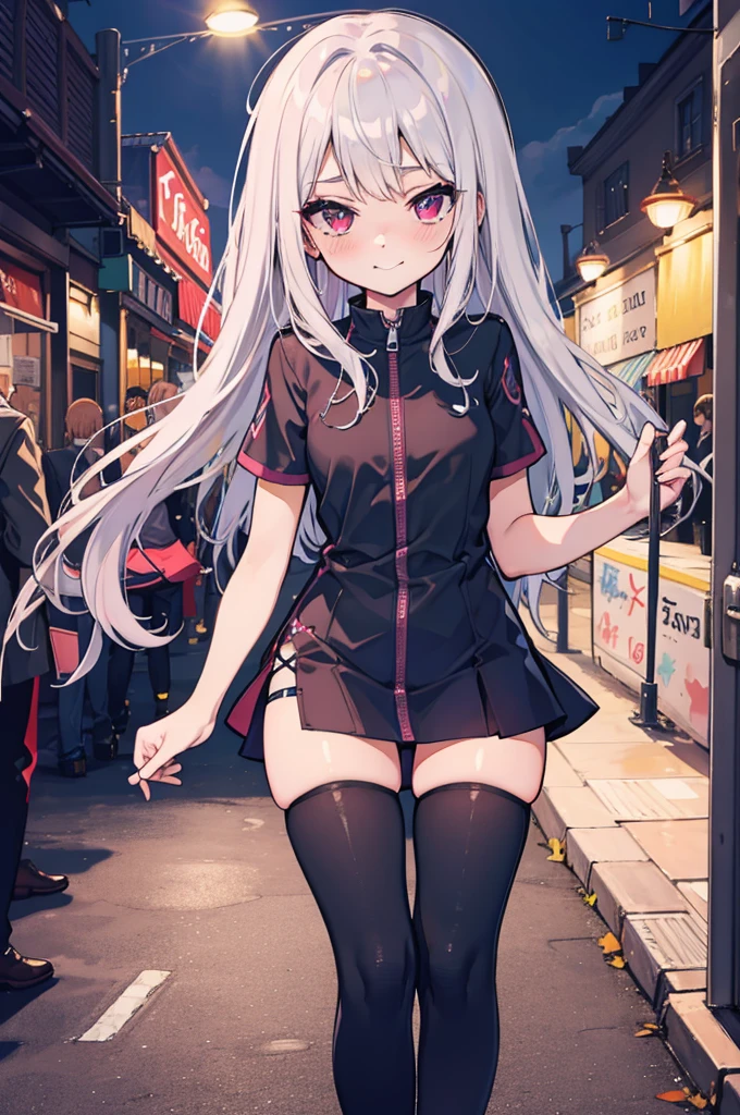 (ideal:1.1), (perfection:1.1), (flawless:1.1), (best quality:1.2), (highest quality:1.2), street, 1girl, solo, (li:1.2), (child:1.1), (goth:1.1), sexy smirk, (blushing:1.1), fashionable, thigh highs, (sexy thighs:0.9), small breasts, athletic body, highest quality eyes, highly detailed, 4k, best resolution, high quality shadows, beautiful quality light, best quality upscale, most beautiful upscale