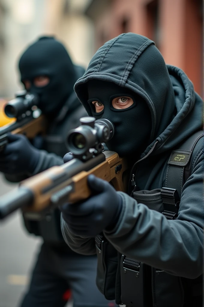 2 masked soldiers shooting with a sniper rifle