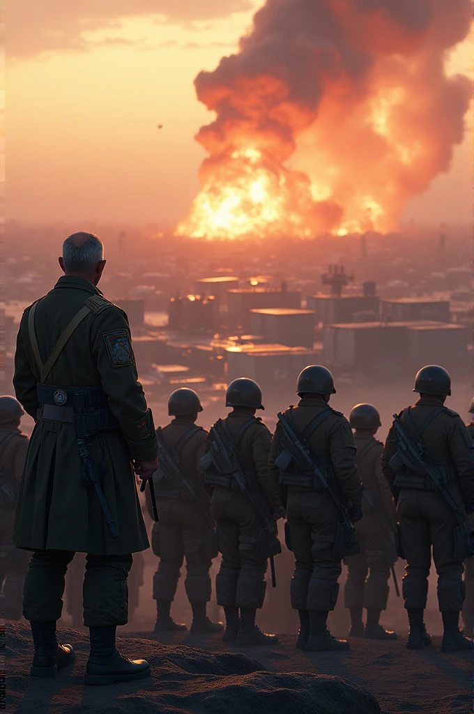 A large group of soldiers, next to a general, watching in the distance as missiles have fallen outside their military base