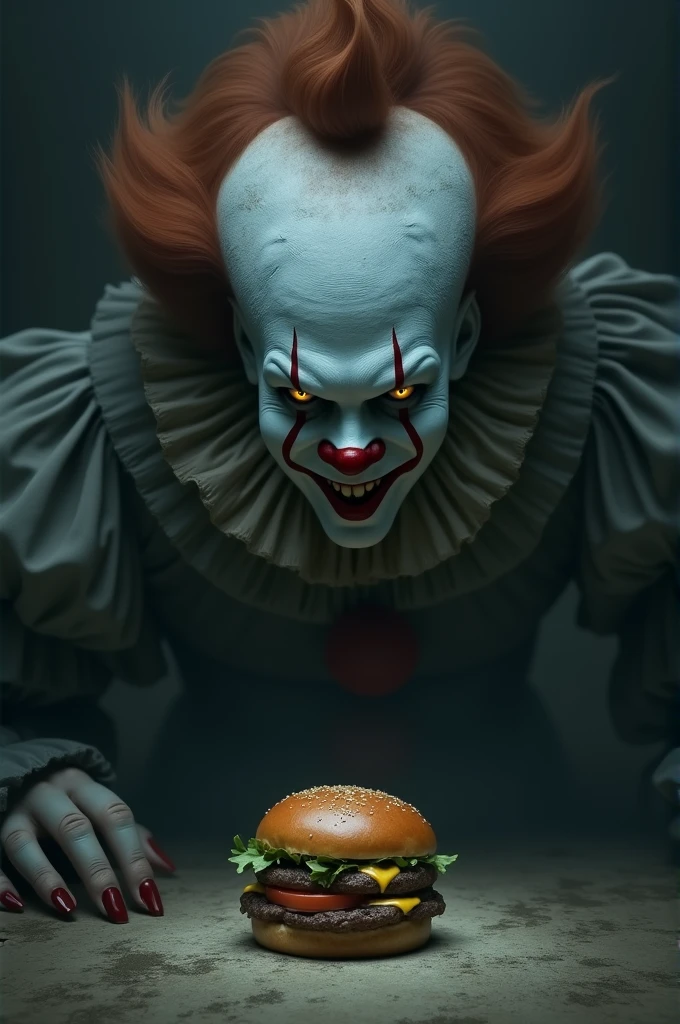 The character Pennywise behind a burger staring at it, in a dark and colorless place, with low contrast, leaving the clown and the hamburger very evident. Create a more realistic one possible