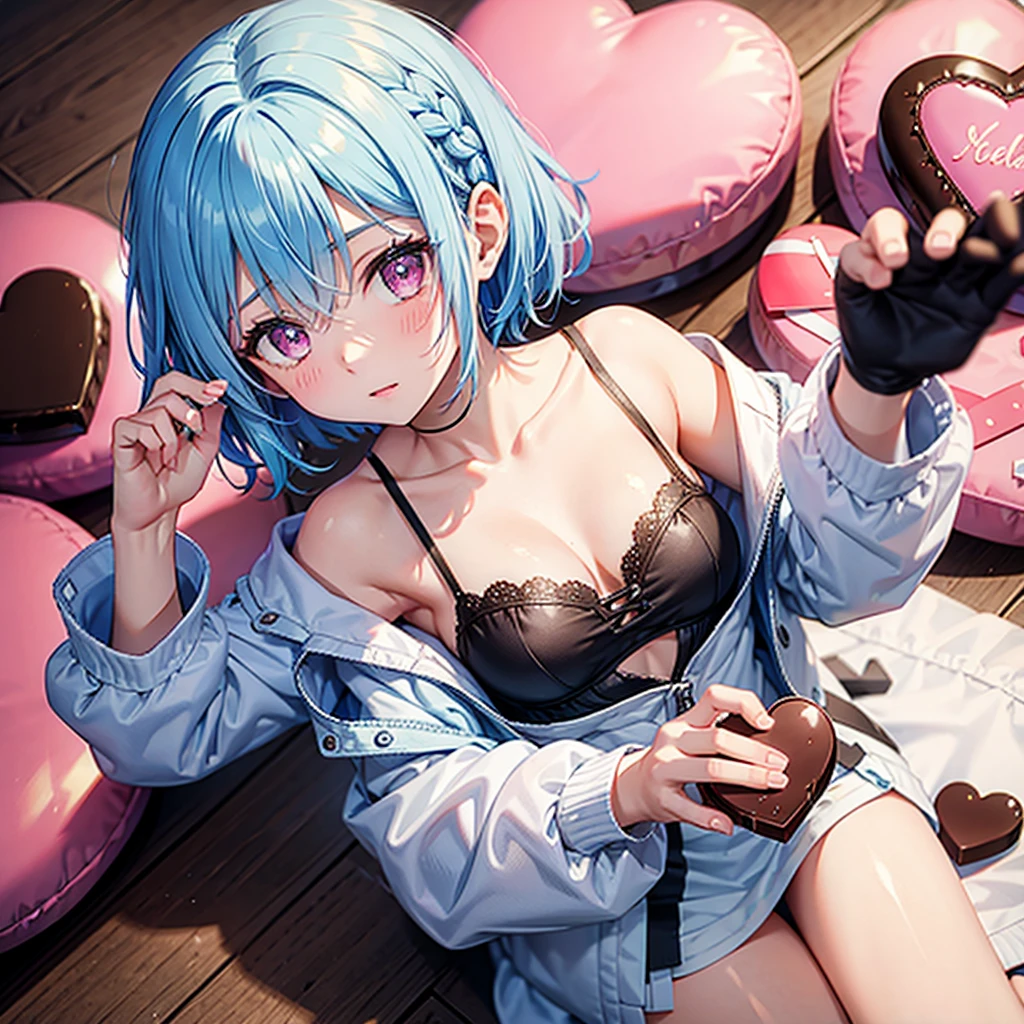 (Sky blue hair),(Braided short hair), (Pink Eyes),Fair skin) ,(whole body),(One Girl),(Lots of chocolate in the background),(Embarrassed),(Handing over a heart-shaped chocolate),(valentine's day),(masterpiece, Highest quality, Very detailed, Best Shadow), (Detailed Background), (Beautifully detailed face), High Contrast, (Best lighting, Very delicate and beautiful), ((Cinematic Light)), Hyper Detail,8k, Dramatic Light, Intricate details,night,High quality