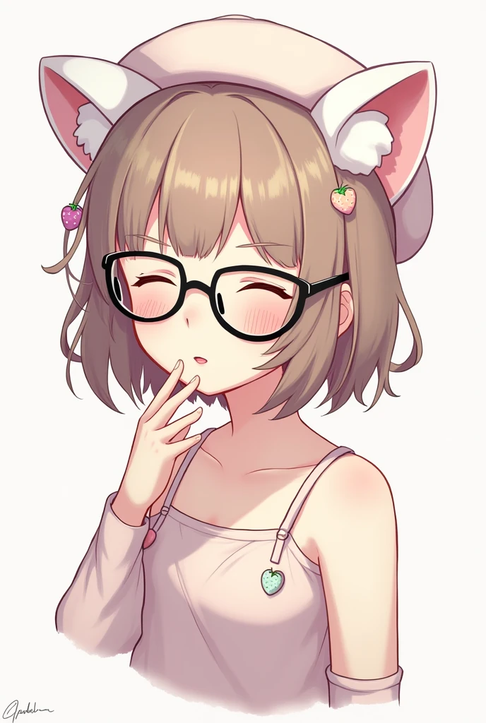 Female character with short hair with bangs, light brown hair, closed eyes and a beret with white cat ears and pastel pink strawberry decorations and black round glasses and sleeveless clothing and pastel pink legwarmers.