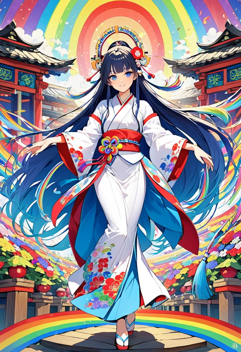 Shrine maiden、Half blue long hair、Full body portrait、beautiful girl、Long-hemmed outfit、Rainbow Eyes、Powerful eyes、Shrine maiden鈴を持つ、Dancing Kagura Dance、Sacred