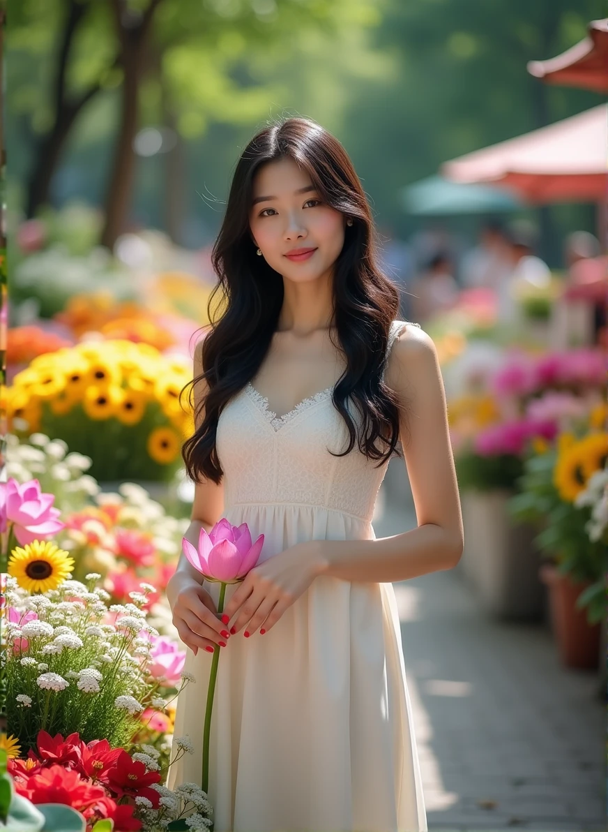 A beautiful young Asian woman standing in front of a colorful flower market stall. She wears a white sundress and holds a bouquet of pink lotus flowers. Her long black hair falls softly around her shoulders, and she has a gentle smile. Behind her is an explosion of vibrant flowers: sunflowers, baby's breath in various colors, pink lotus buds, and green lotus leaves. The flower stand is overflowing with a diverse array of blossoms, creating a riot of colors and textures. The background shows trees and a park-like setting, suggesting an outdoor market. The lighting is natural and bright, highlighting the woman's features and the vivid colors of the flowers. The image captures a moment of beauty and serenity amidst the bustling flower market, with the subject harmoniously blending with her floral surroundings.