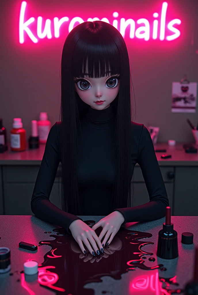 piss cover, very long straight black hair, big black eyes, long eyelashes, with glasses, king, with neon letters that say kurominails, manicurist dressed in black, on a table with many enamels, anime