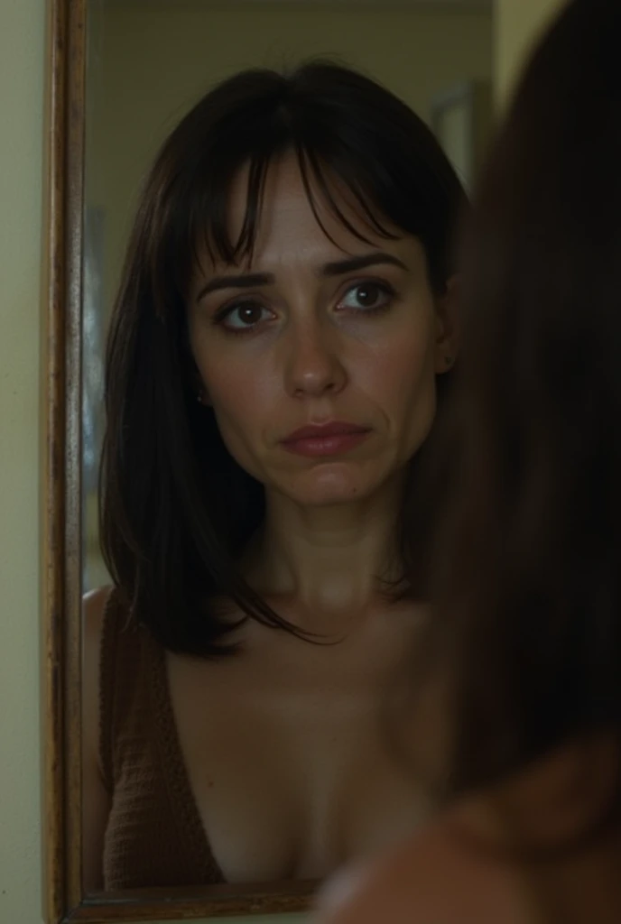 Mathilda from the movie The Professional staring in the mirror with a sad expression in a dirty apartment.