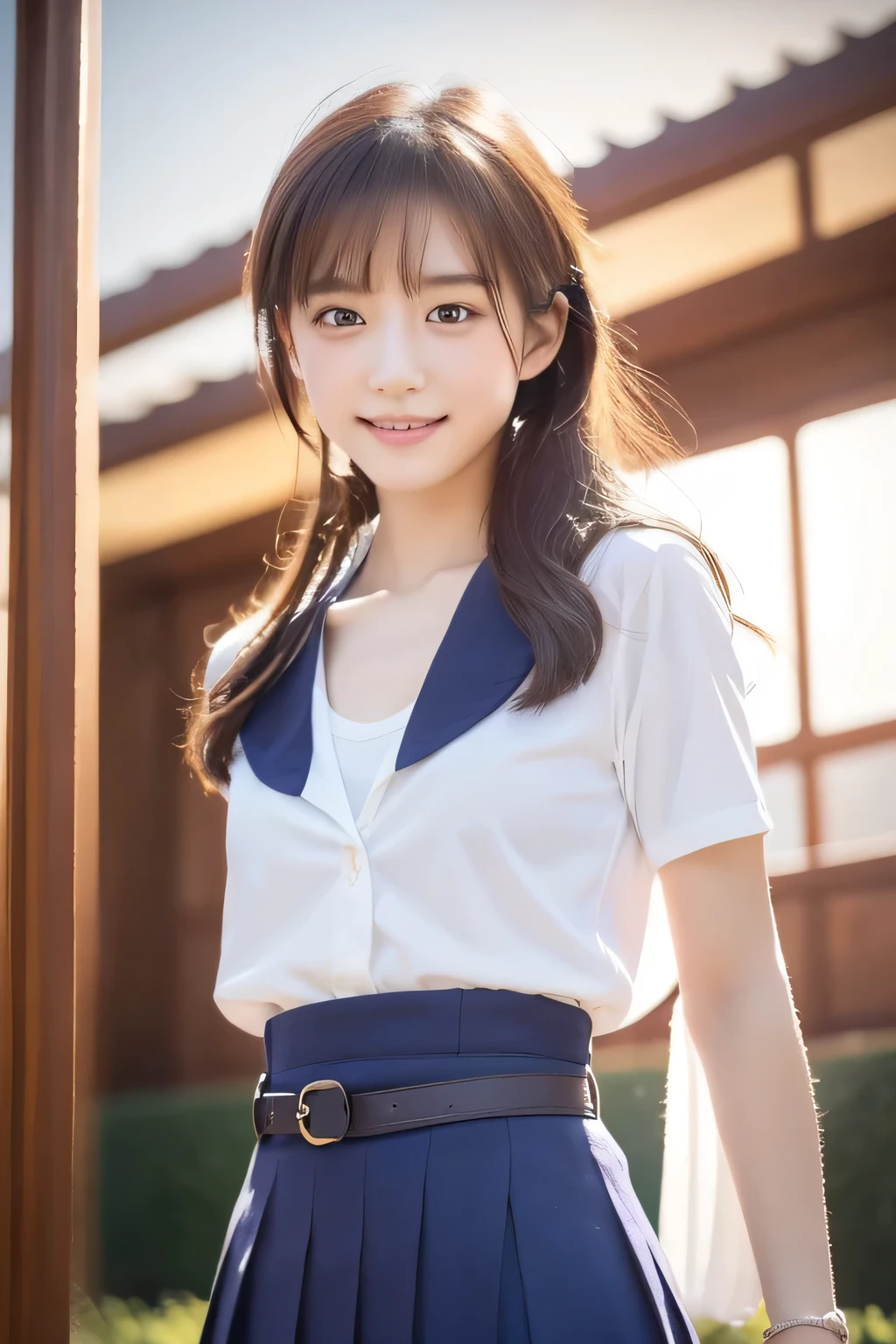 A beautiful girl with a school-designated bag, 14 years old, (Highest quality:1.4), (Very detailed), (Very detailed美しい顔), avert your eyes, smile, School uniforms, Short-sleeved sailor suit, Great face and eyes, iris, Medium Hair, The Beauty of Japan, (Skinny body type:1.3), (Flat Chest:1.3), Smooth, Very detailed CG synthesis 8k wallpaper, High-resolution RAW color photos, Professional photography, Light, BackLight, dream-like, impressive, Written boundary depth, School zone, (Shooting from below:1.5)