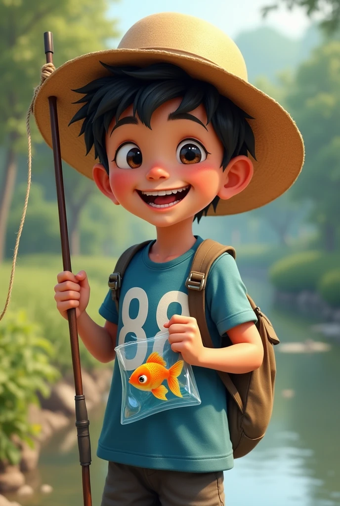 boy wearing straw hat and carrying one goldfish in plastic bag, smiling broadly and carrying net pole, wearing blue shirt with 88 written on it