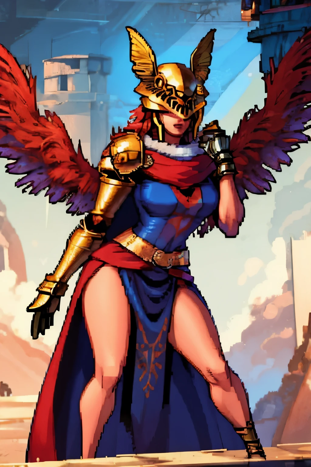 MaleniaDef, red hair, armor, cape, helmet, brown dress, MaleniaRot, wings, coverd eyes, scar, butterfly, bug prothestic leg, single mechanical arm, prosthesis