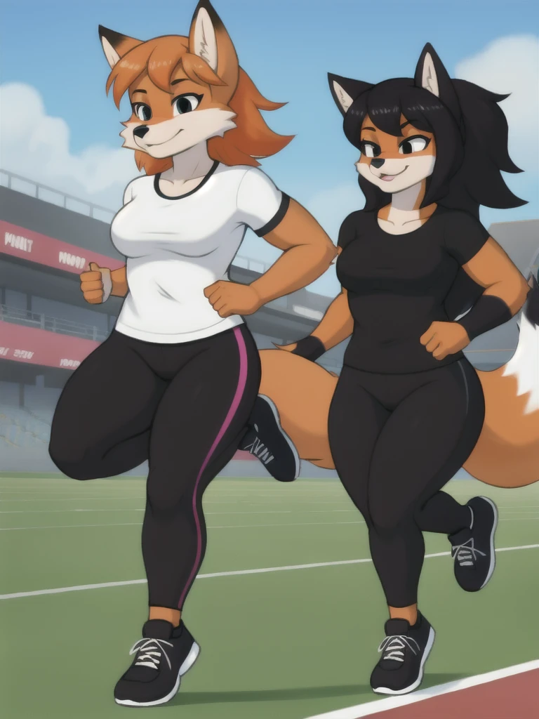 Furry, fox, female, black shirt, black leggings, shoes, running track, friends, full body