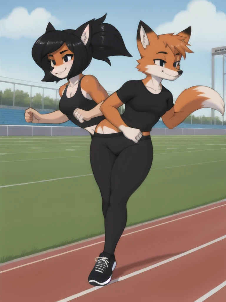 Furry, fox, female, black shirt, black leggings, shoes, running track, friends, full body