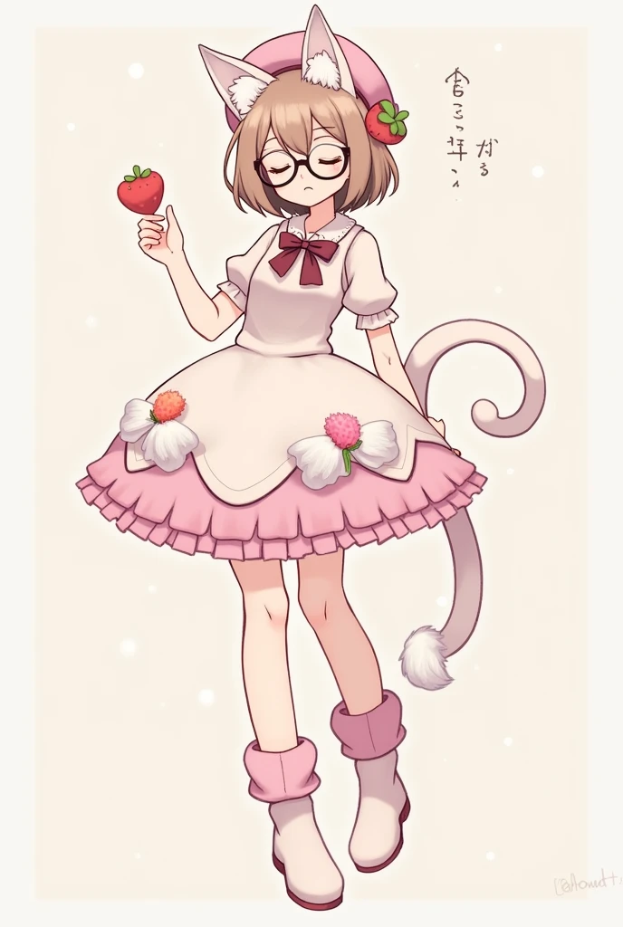 Female character with short hair with bangs, light brown hair, closed eyes and a beret with white cat ears and pastel pink strawberry decorations and black round glasses and sleeveless clothing and pastel pink legwarmers.