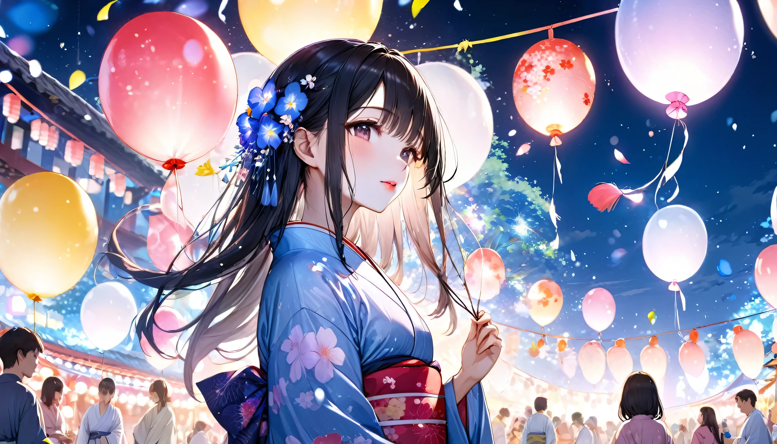 Panorama, Low - Angle,One woman, Japanese Festivals, Black Hair、Long Hair (Girl, Beauty, Moisture in Every Detail), (Glossy pink lip), Wearing a very beautiful yukata with double exposure morning glories) break, Night summer festival dance event, Many small prayer paper balloons in the background, There are no people in the background,Highest quality, 16K, Beautiful details night, Utopian performance, arm behind back, View your viewers