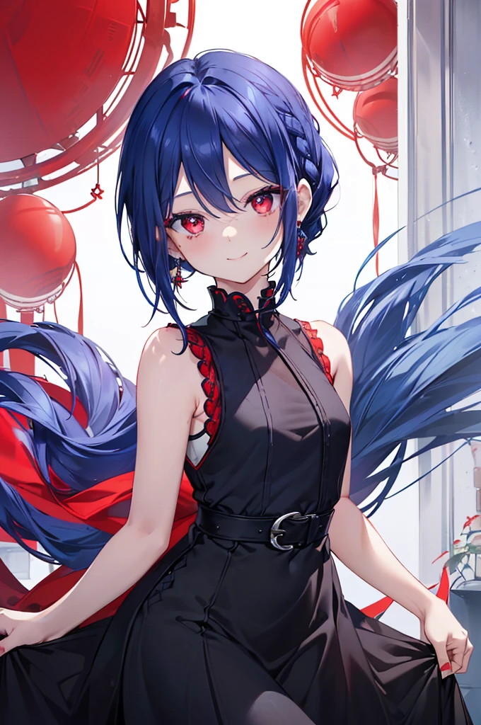 {{masterpiece}}, The best quality of life, 、((short indigo hair、Deep blue hair)Braided Hair) 、 Cute female, 、One woman、(((Crimson Eyes、Red eyes、Red eyes)))、Expressionless adult woman、((White background))、small but well-shaped breasts,、(((Black sleeveless dress、mile、smile、Small earrings