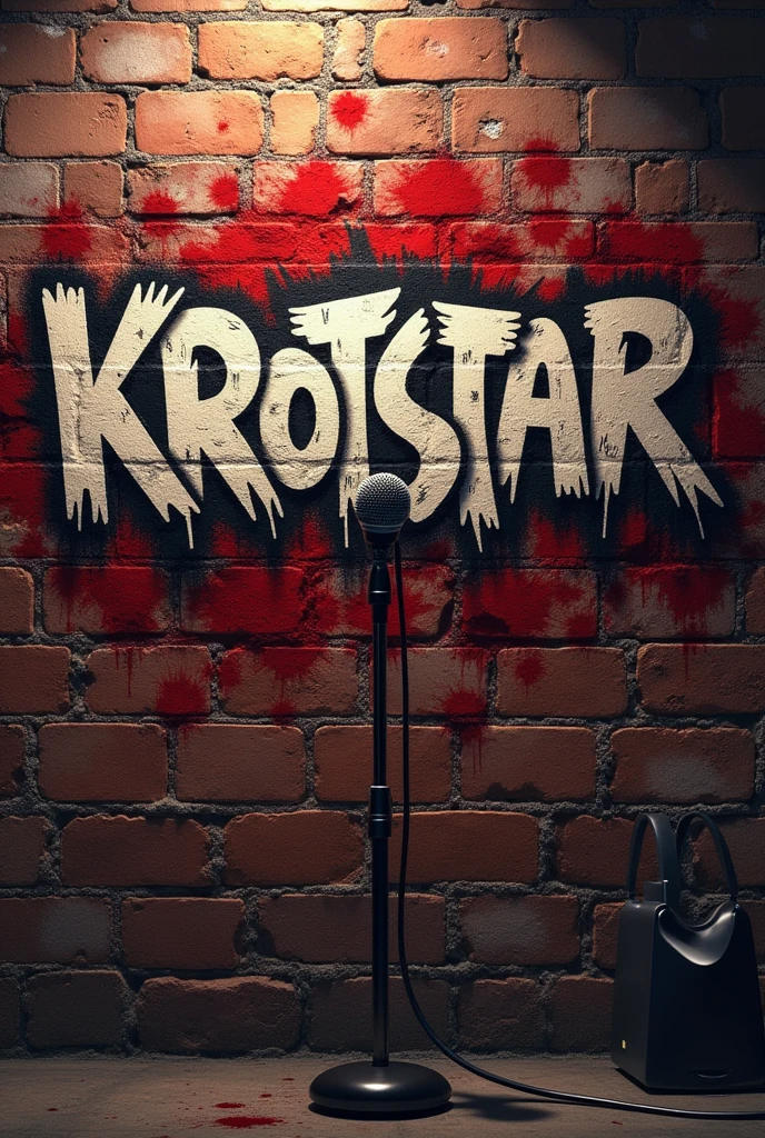 Brick wall with graffiti written on it " KrotStar " aggressive with blood splatters and a microphone